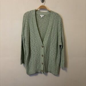 J Jill Cardigan‎ Sweater Open Knit Green Button Front Cotton Blend Lightweight L